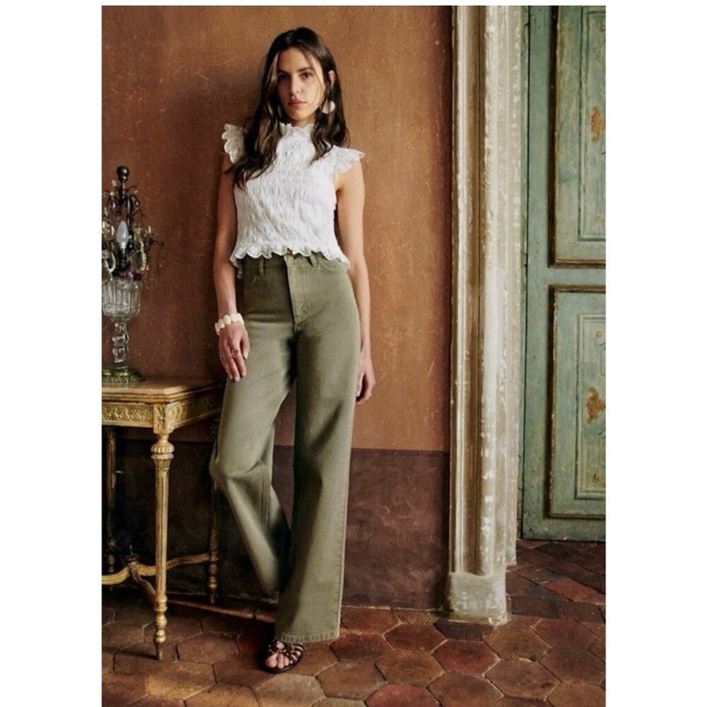 Sezane Wide Leg Denim Pants Olive Green EU 34/US 2 NWOT